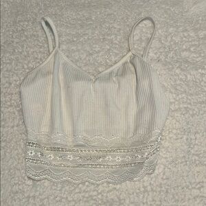 SHEIN Cream Ribbed Crop Camisole with Lace Trim